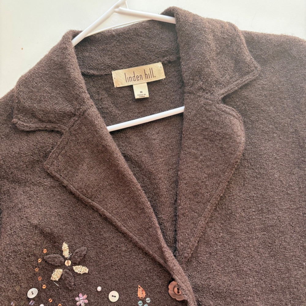 Linden Hill Cardigan Sweater Womens Medium Brown 100% Wool Embroidered Sequin - Picture 2 of 10